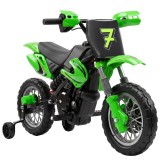 AIYAPLAY Motocicletă electrică copii 12V cu 2 roți auxiliare detașabile, 2 motoare, suspensie spate, muzică, 3 km/h, 3-6 ani, Verde | Aosom Romania