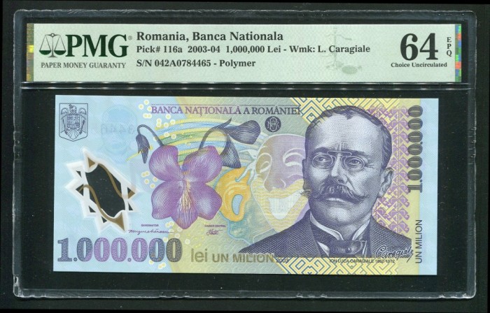 q596 BANCNOTA 1000000 LEI 2003 ( 2004 ) NECIRCULATA UNC GRADATA PMG 64 EPQ