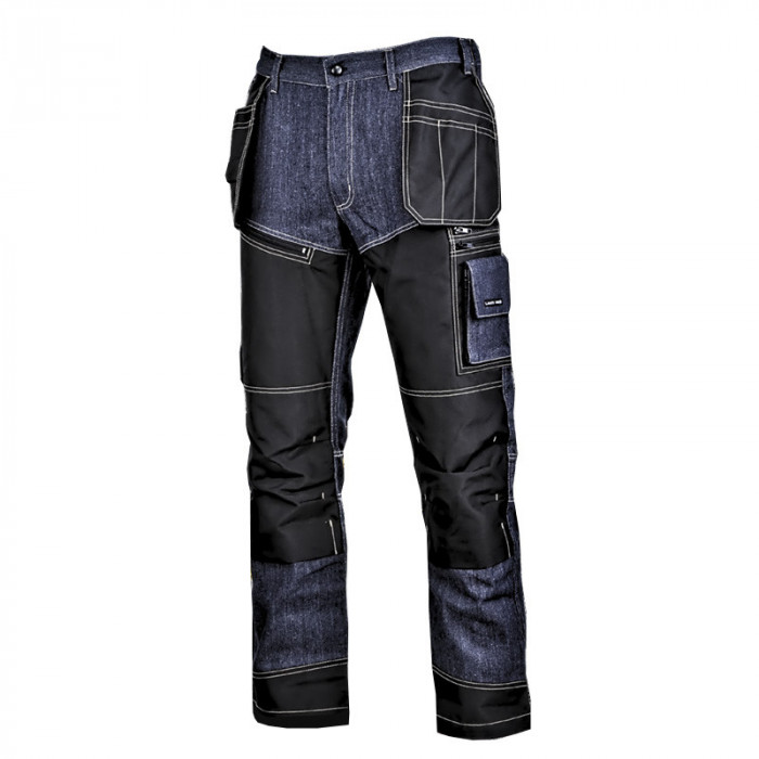 Pantaloni tip blugi cu intaritura Lahti Pro, marimea 2XL, 188 cm, bumbac/celofibra, poliester 300D, 16 buzunare, talie ajustabila, Albastru/Negru