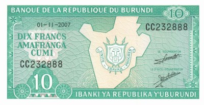 BURUNDI █ bancnota █ 10 Francs █ 2007 █ P-33e █ UNC █ necirculata foto