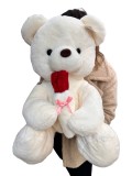 Ursul de plus alb pufos cu fundita si trandafir rosu 60cm