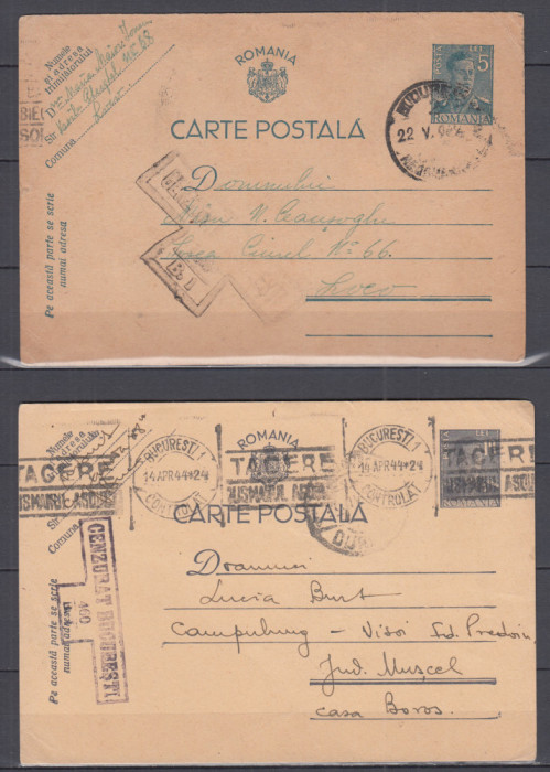 ROMANIA 1942/1944 BUCURESTI DOUA CARTI POSTALE CIRCULATE CENZURAT BUCURESTI