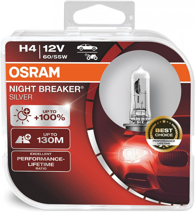 Set 2 becuri halogen H4 12V Osram Night Breaker Silver +100%