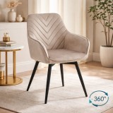 Scaun stil fotoliu bucatarie/living, Artool, Nana, rotativ, catifea bej inchis, picioare metal negru, 56x61x83.5 cm