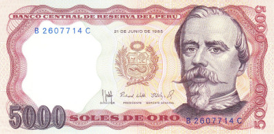 Bancnota Peru 5.000 Soles de Oro 1985 - P117c UNC foto