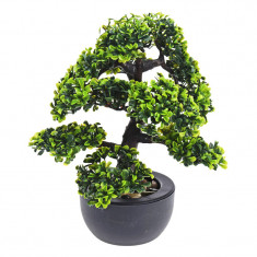 Bonsai Artificial cu frunza verde deschis si inchis, in ghiveci Negru, pentru interior sau exterior, Rezistent la umiditate, 31cm foto