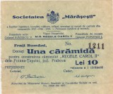 Chitanță bon Societatea Mărășești &ndash; &bdquo;Una cărămidă&rdquo; &ndash; 10 lei &ndash; nr. 1211 &ndash; 1937 Poiana Tapului