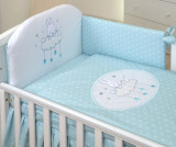 Set lenjerie din bumbac cu protectie laterala pentru pat bebelusi Sky Bunny Turquoise 120 x 60 cm, AMY