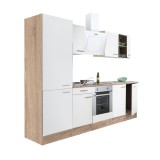 Mobilier de bucătărie Yorki 270, corp din stejar Sonoma, fațadă albă cu finisaj satinat, cu element inferior pentru cuptor și dulap cu rafturi, fără b