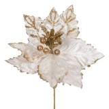 Floare Decorativă de Crăciun, Crăciuniță, Ecru și Auriu, Tulpină Scurtă, Glitter, Oem