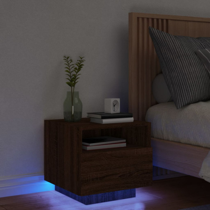 vidaXL Noptieră cu lumini LED, stejar maro, 40x39x37 cm