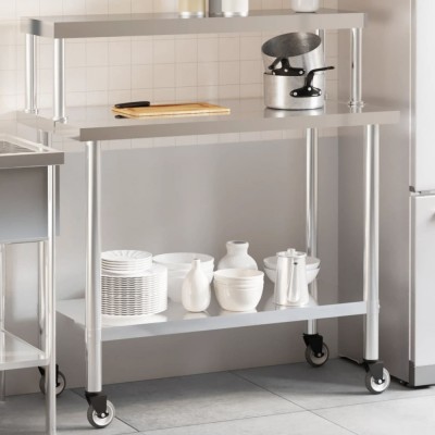 vidaXL Masă bucătărie cu raft superior, 110x55x120 cm, oțel inoxidabil 3208901 foto