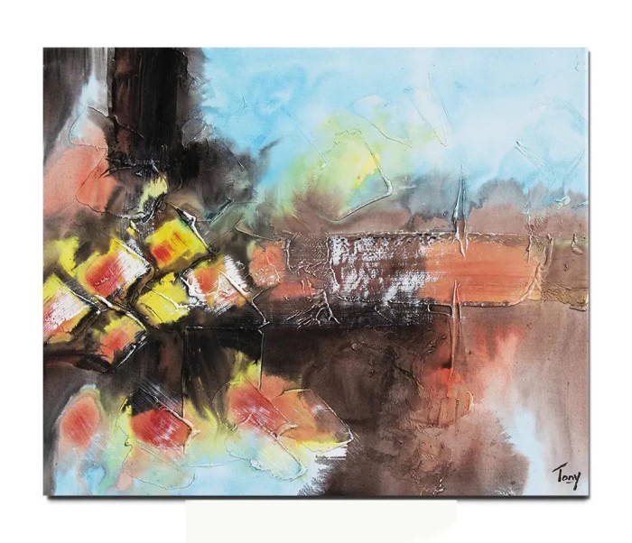 Tablou abstract pictat manual, Fantezie in abstract 3, 60x50cm ulei pe panza in relief efect 3D, gata de agatat pe perete