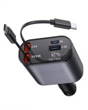 Incarcator Auto Rapid Retractabil 4in1 Afisaj Digital Tensiune Cu 2 Cabluri Retractabile TypeC