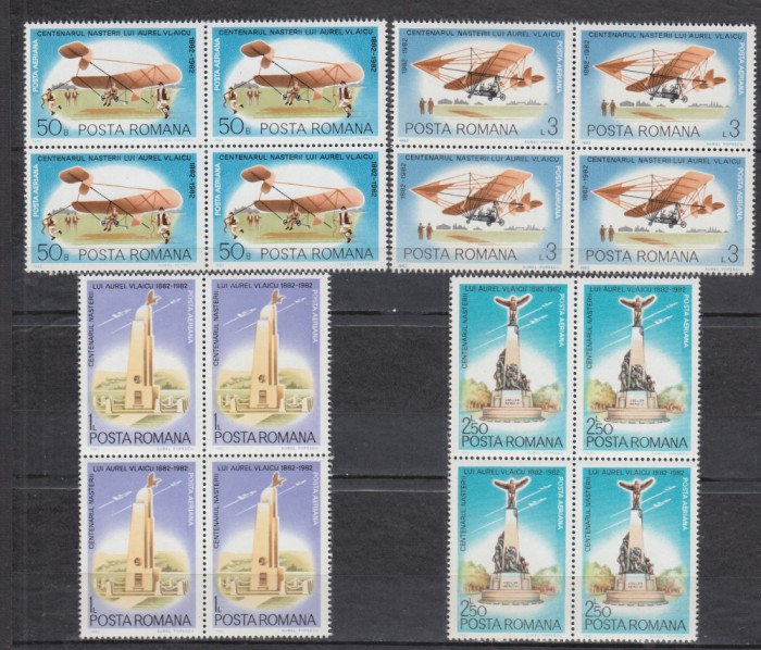 ROMANIA 1982 LP 1061 CENTENARUL NASTERII AUREL VLAICU BLOCURI 4 TIMBRE MNH