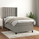 Gossi pat box spring cu saltea, gri deschis, 90x190 cm, catifea