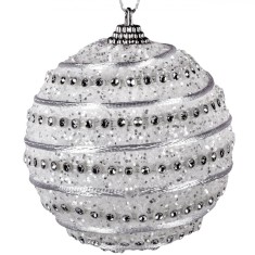 Glob Crăciun, Perlă, Alb, Dungă Argintie, 8cm, Plastic