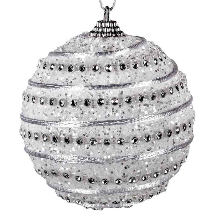 Glob Crăciun, Perlă, Alb, Dungă Argintie, 8cm, Plastic