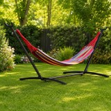 Cumpara ieftin Hamac cu Suport Metalic, Bumbac, 200x150cm, Multicolor Dungi, Husa Inclusa, ART, 150kg