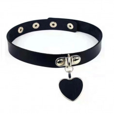 Choker negru din piele ecologica, inima neagra, unisex, tip punk/gothic/rock