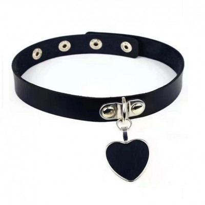 Choker negru din piele ecologica, inima neagra, unisex, tip punk/gothic/rock foto