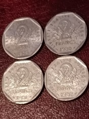 Lot 4 monede Franta: 2 francs franci 1979 + 1980 + 1981 + 1982, stare UNC + Luciu. Discount conform descriere [10 - 20 %. Vezi descrierea.].