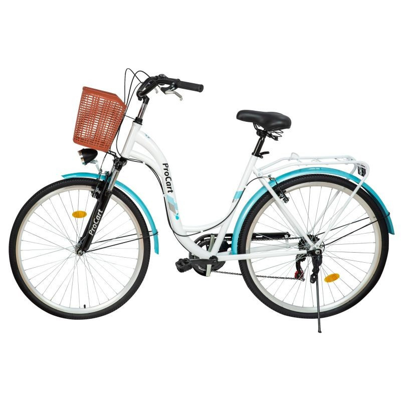 Bicicleta dama, roti 28 inch, 7 viteze Shimano, V-Brake, cos cumparaturi,  portbagaj, alb turcoaz, ProCart | Okazii.ro