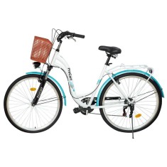 Bicicleta dama, roti 28 inch, 7 viteze shimano, v-brake, cos cumparaturi, portbagaj, alb turcoaz foto