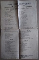 Libraria I. Benvenisti : Lista car?ilor elevilor Liceului Carol I - anii 1910 foto