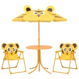 Set Bistro Gradina Copii vidaXL, 3 Piese, Galben, cu Umbrela, Masa 50cm, Scaune Pliabile, Otel si Poliester