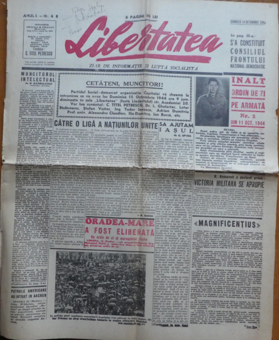 Libertatea, ziar de informatie si lupta; arestarea legionarilor, 14 Oct. 1944