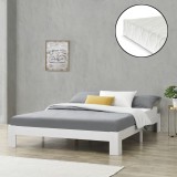 [en.casa]&reg; Pat rama lemn Raisio 160W, 160 x 200 cm, lemn de brad/PAL,200 Kg, alb mat, pentru 2 persoane, cu saltea si gratar pat HausGarden Leisure