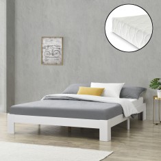 [en.casa]&reg; Pat rama lemn Raisio 180W, 180 x 200 cm, lemn de brad/PAL,200 Kg, alb mat, pentru 2 persoane, cu saltea si gratar pat HausGarden Leisure