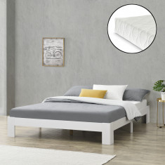 [en.casa]® Pat rama lemn Raisio 140W, 140 x 200 cm, lemn de brad/PAL,150 Kg, alb mat, pentru 2 persoane, cu saltea si gratar pat HausGarden Leisure