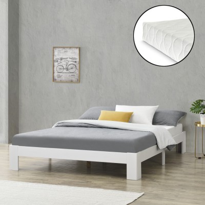 [en.casa]&amp;reg; Pat rama lemn Raisio 140W, 140 x 200 cm, lemn de brad/PAL,150 Kg, alb mat, pentru 2 persoane, cu saltea si gratar pat HausGarden Leisure foto