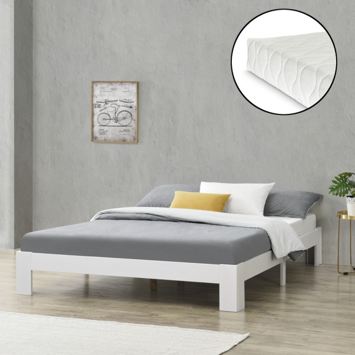 [en.casa]&reg; Pat rama lemn Raisio 140W, 140 x 200 cm, lemn de brad/PAL,150 Kg, alb mat, pentru 2 persoane, cu saltea si gratar pat HausGarden Leisure