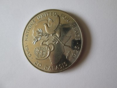 Gambia 20 Dalasis 1995 UNC,aniversare O.N.U. 50 ani foto