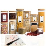 Set 20 Recipiente pătrate din sticlă borosilicată cu capac din bambus etanș Koken, pentru depozitarea alimentelor uscate și cerealelor