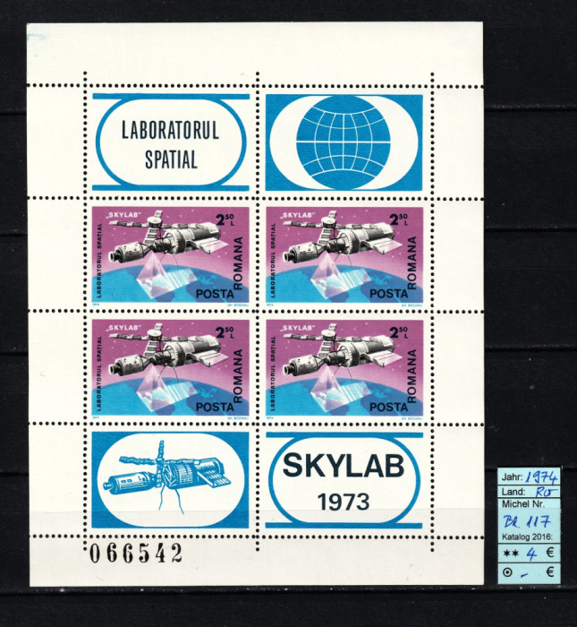 Romania, 1974 | Laboratorul spaţial Skylab - Cosmos | Bloc M/S - MNH | aph