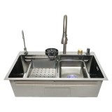 Chiuveta bucatarie multifunctionala din otel inoxidabil cu doua baterii, functie cascada, dozator sapun, spalator pahare, scurgator, tava, tocator