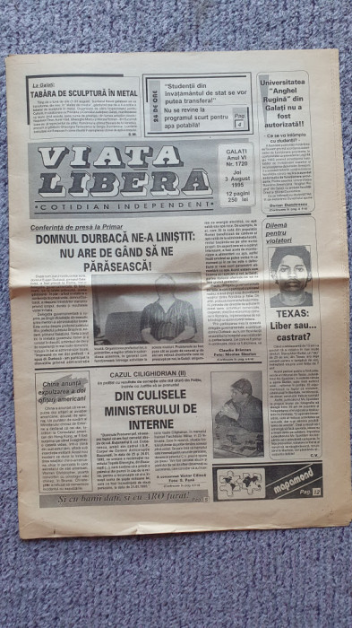 Ziarul Viata Libera Galati nr 1720, 3 august 1995, 12 pagini