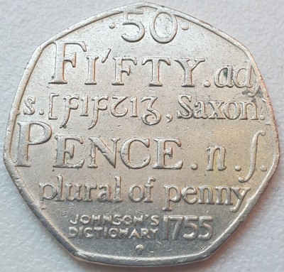 Monedă 50 pence 2005 Marea Britanie, Johnson&amp;#039;s Dictionary, km#1050 foto