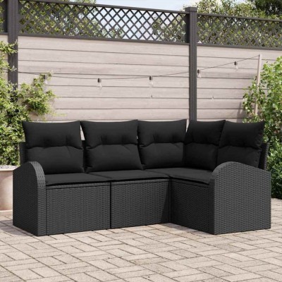 vidaXL Set de canapele pentru grădină cu pernă 4 pcs Negru Rattan poli 3346023 foto