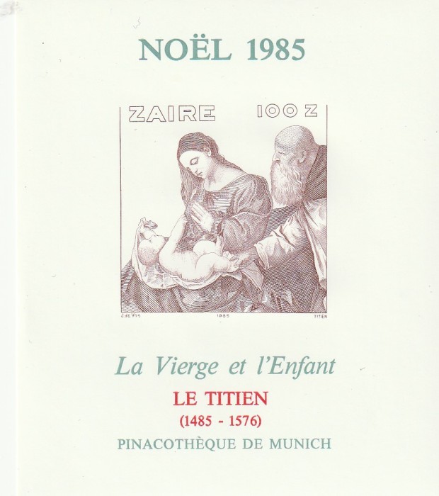 Zair 1985-Craciun,Reproduceri de Arta, Titien,colita nedantelata,MNH,Mi.Bl.55