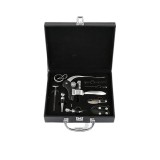 Set valiza Deluxe cu accesorii de vin, 9 piese, Dispozitiv de taiat folia, Dop si picurator, Negru