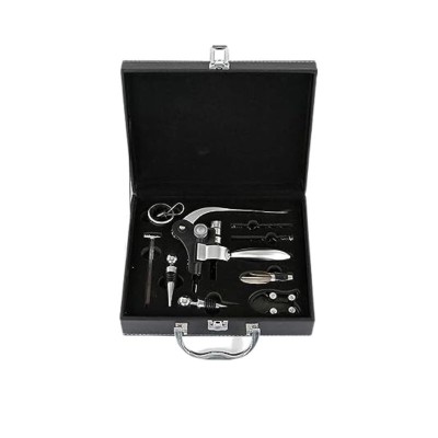 Set valiza Deluxe cu accesorii de vin, 9 piese, Dispozitiv de taiat folia, Dop si picurator, Negru foto
