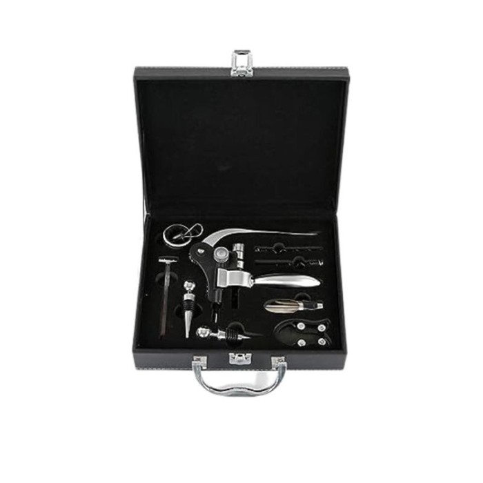 Set valiza Deluxe cu accesorii de vin, 9 piese, Dispozitiv de taiat folia, Dop si picurator, Negru
