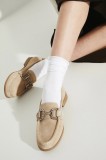 Medicine mocasini din piele intoarsa femei, culoarea bej, cu toc plat