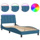 Cadru de pat cu LED fara saltea, Hanko, albastru, 90x200 cm, catifea