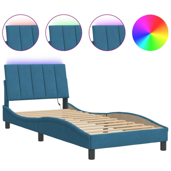 Cadru de pat cu LED fara saltea, Hanko, albastru, 90x200 cm, catifea